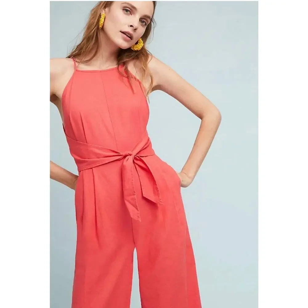 Anthropologie Greylin Linen Wide Keg Cropped Jumpsuit Size XS Petite Coral